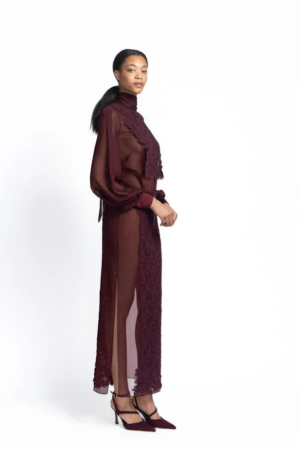 Claret Sheer Crepe Skirt with Lace Panels