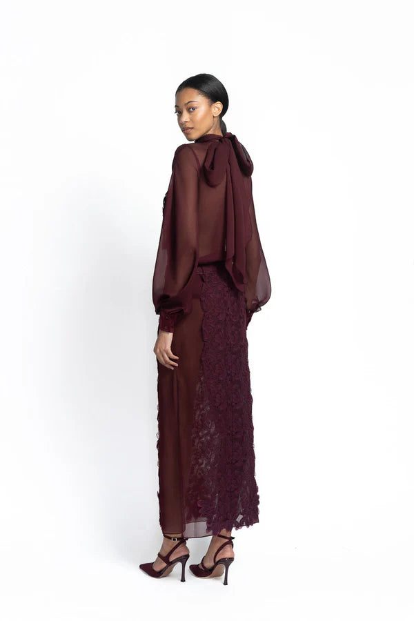 Claret Sheer Crepe Skirt with Lace Panels