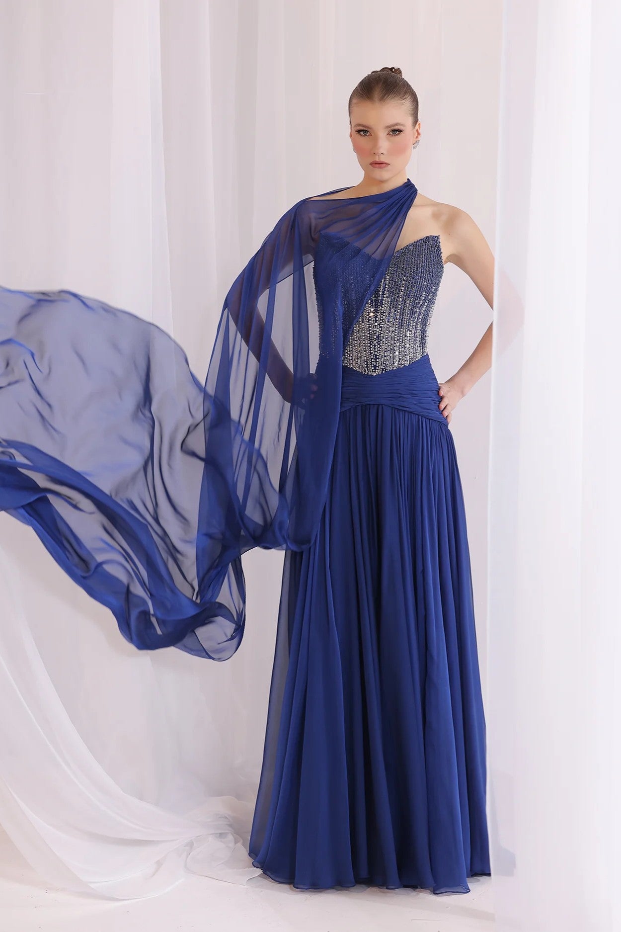 Royal Blue Strapless Beaded Gown