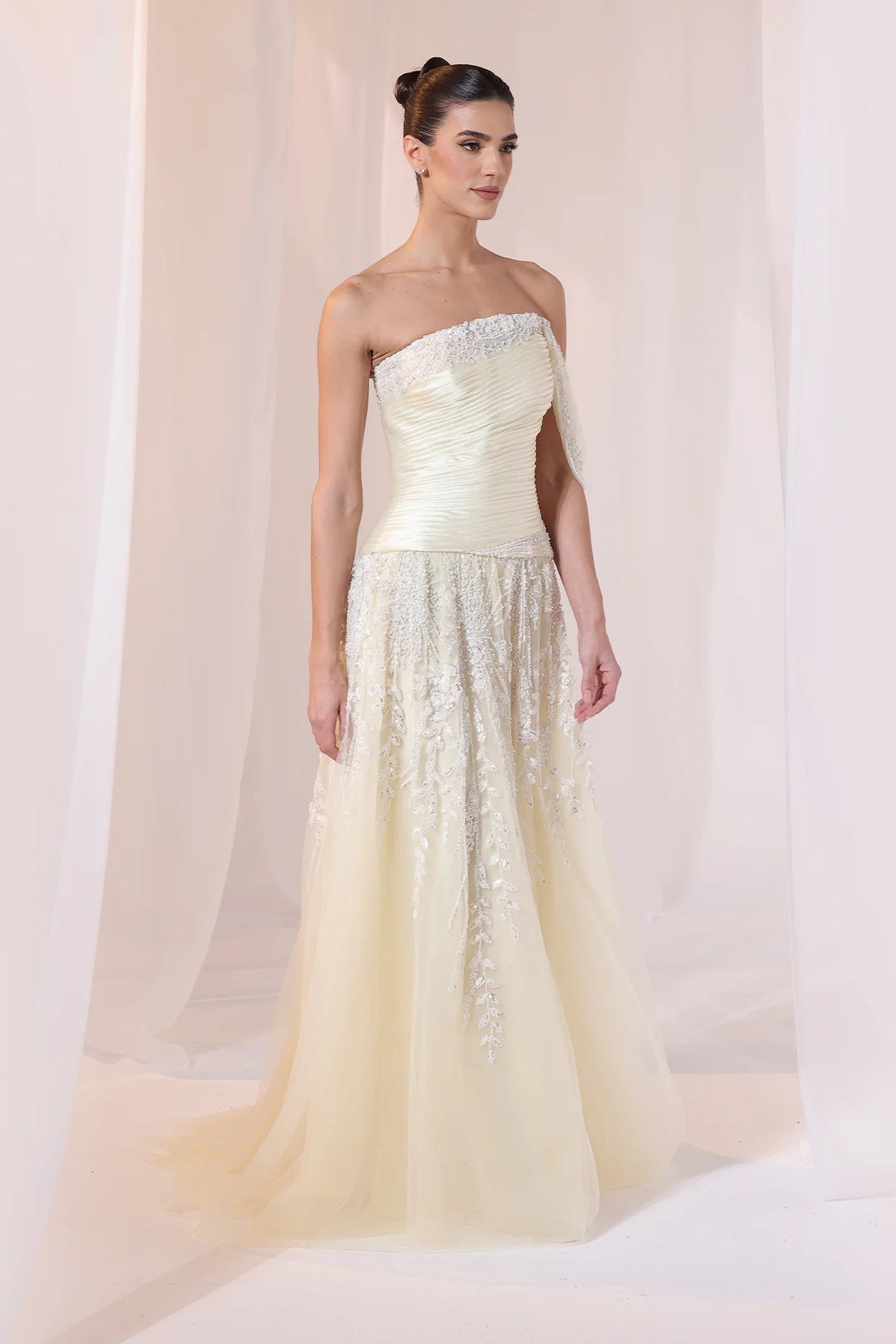 Yellow Off-Shoulder Beaded Gown