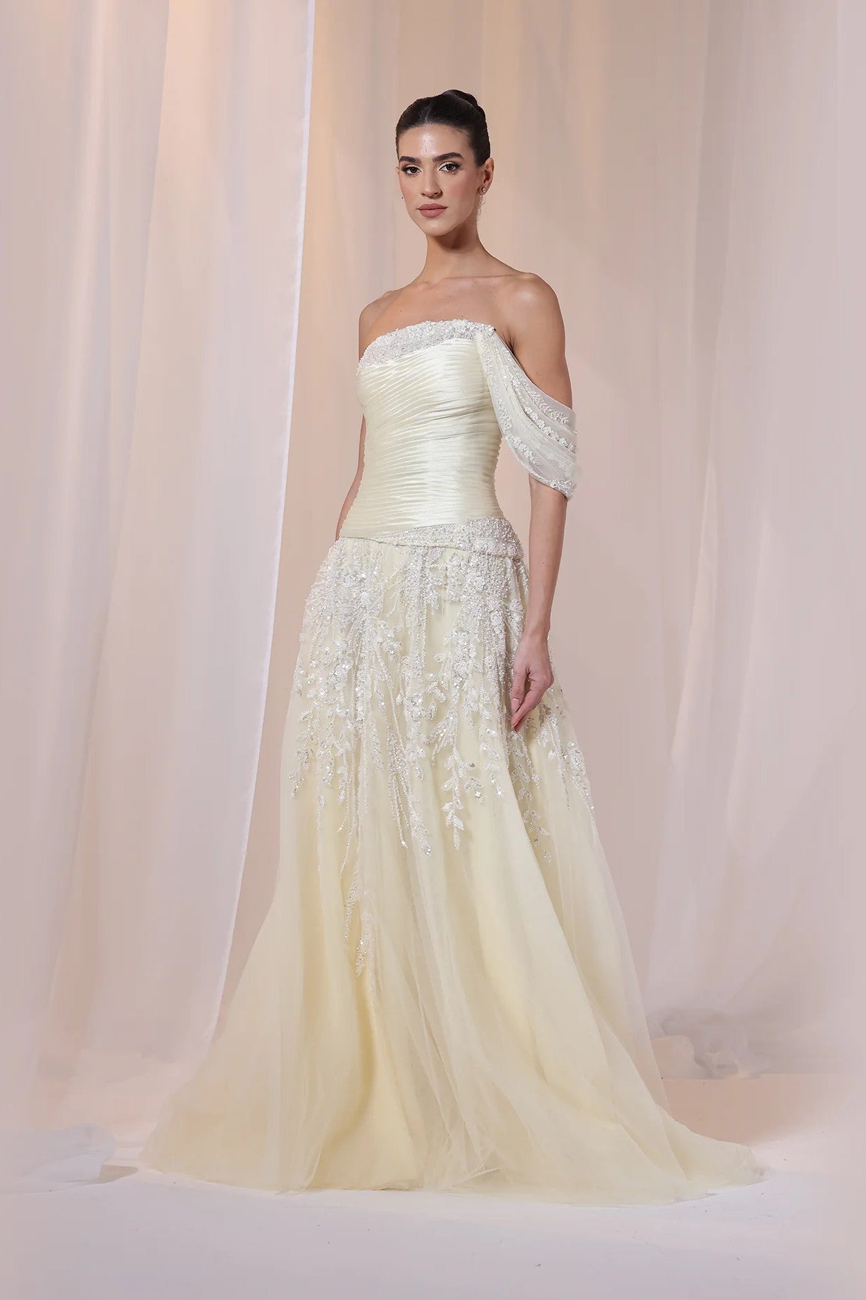Yellow Off-Shoulder Beaded Gown