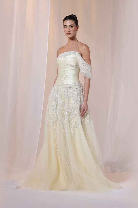 Yellow Off-Shoulder Beaded Gown