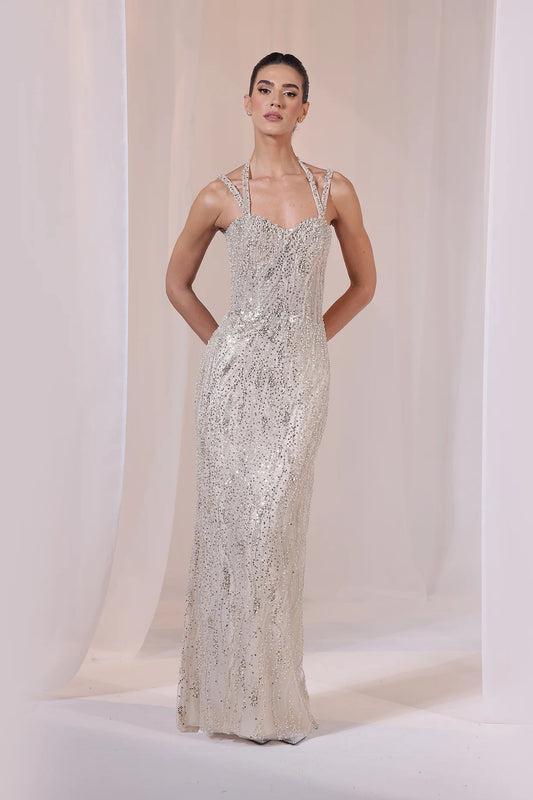 Silver Embellished Halter-Neck Gown