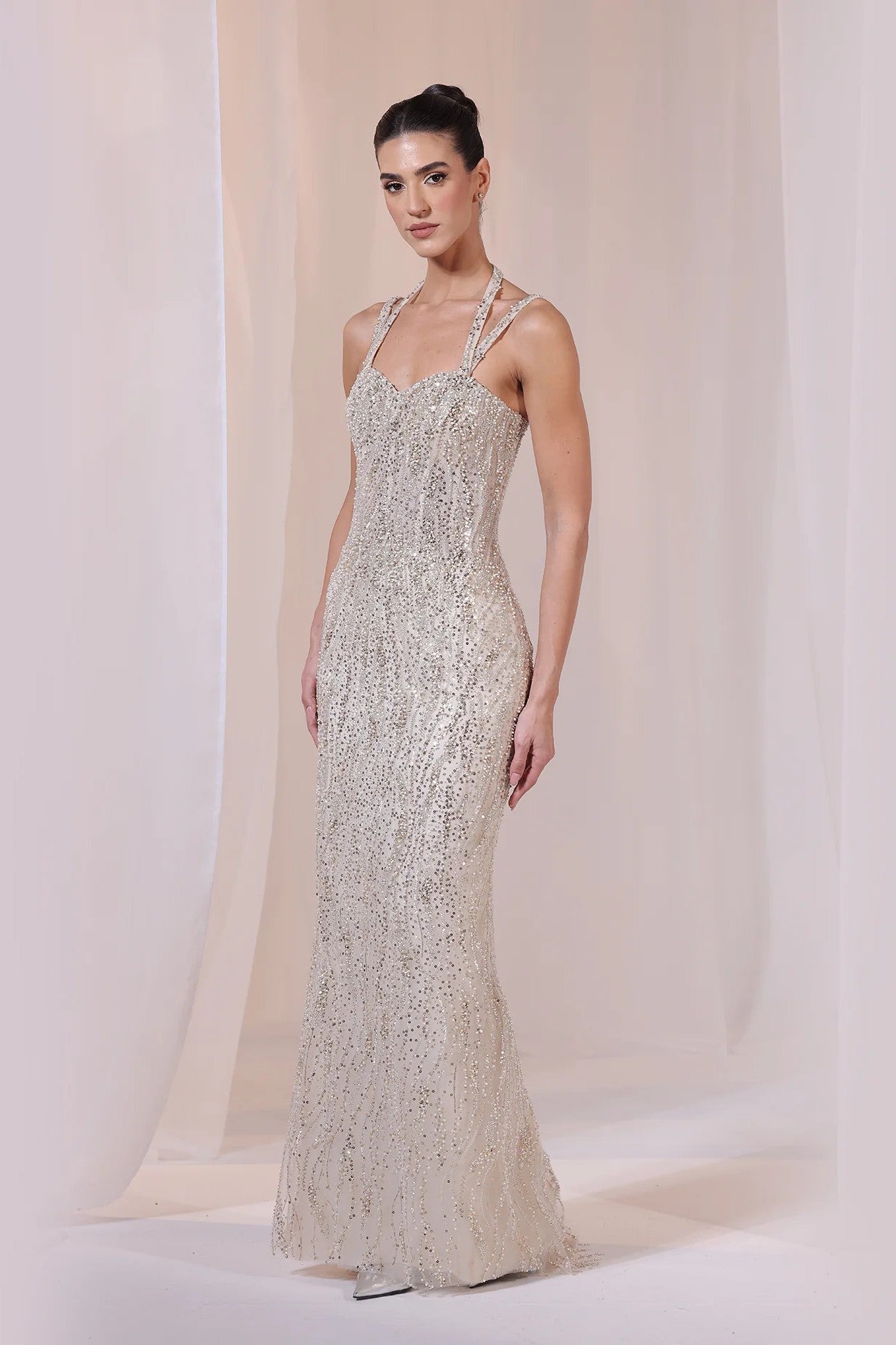 Silver Embellished Halter-Neck Gown