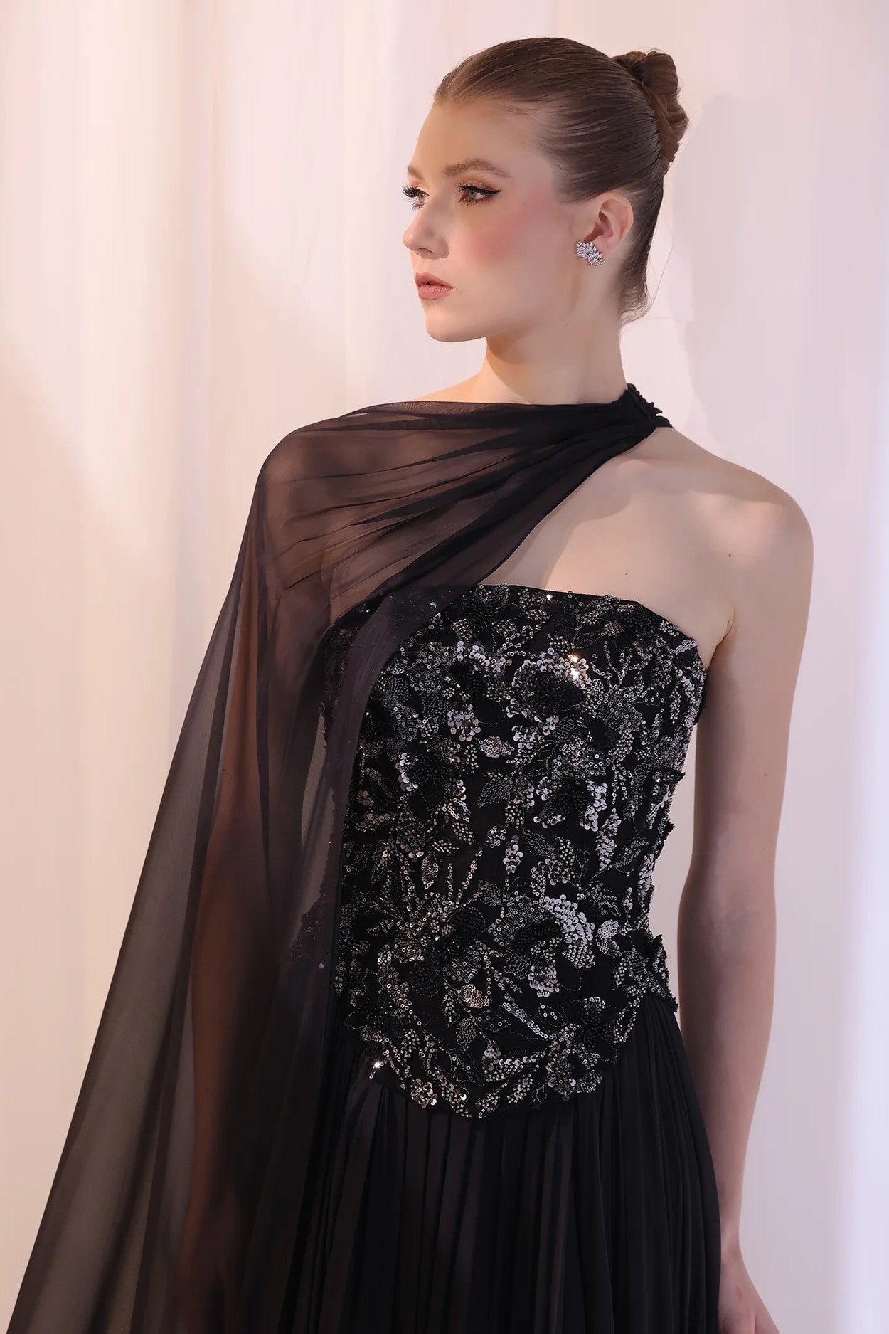 Black Strapless 3D Embroidered Gown