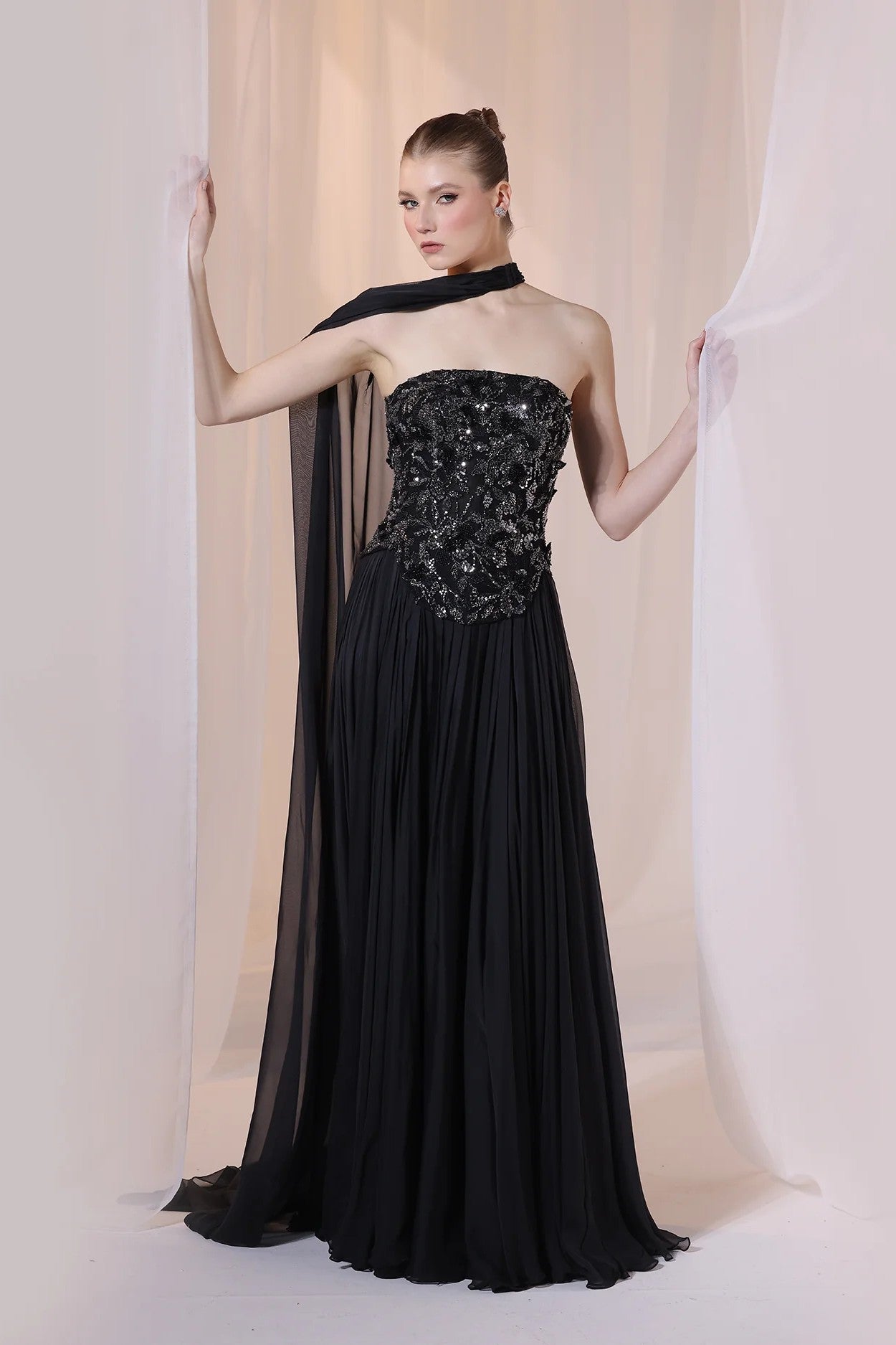 Black Strapless 3D Embroidered Gown