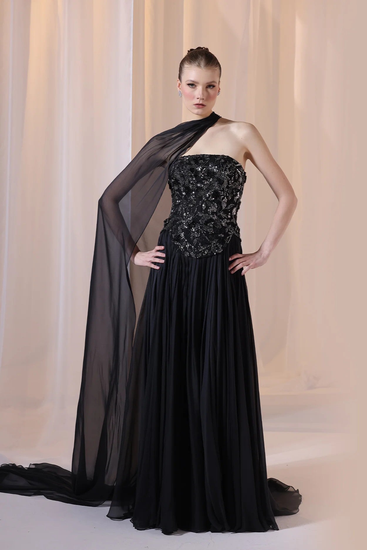 Black Strapless 3D Embroidered Gown