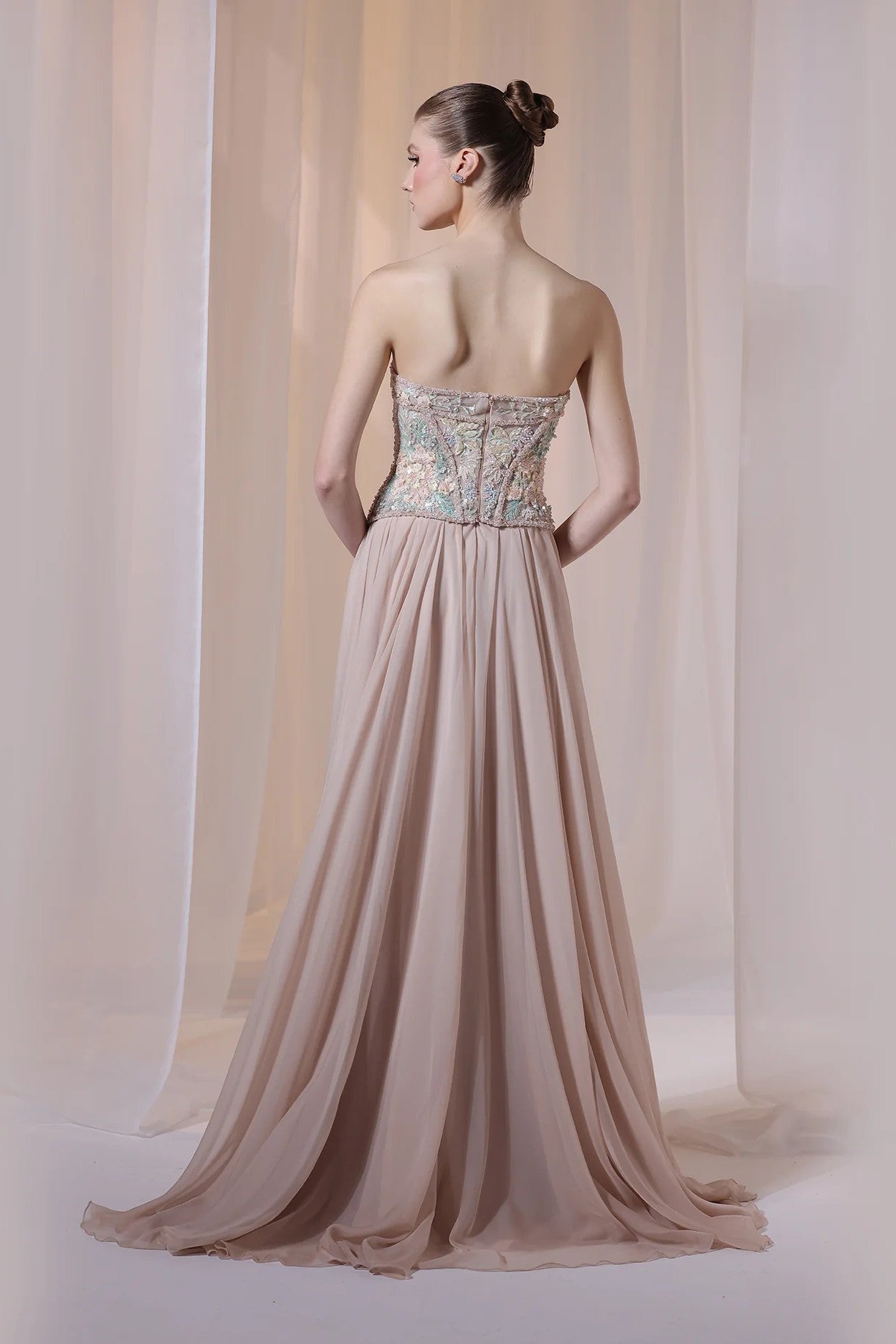 Nude Strapless Floral Embroidered Gown