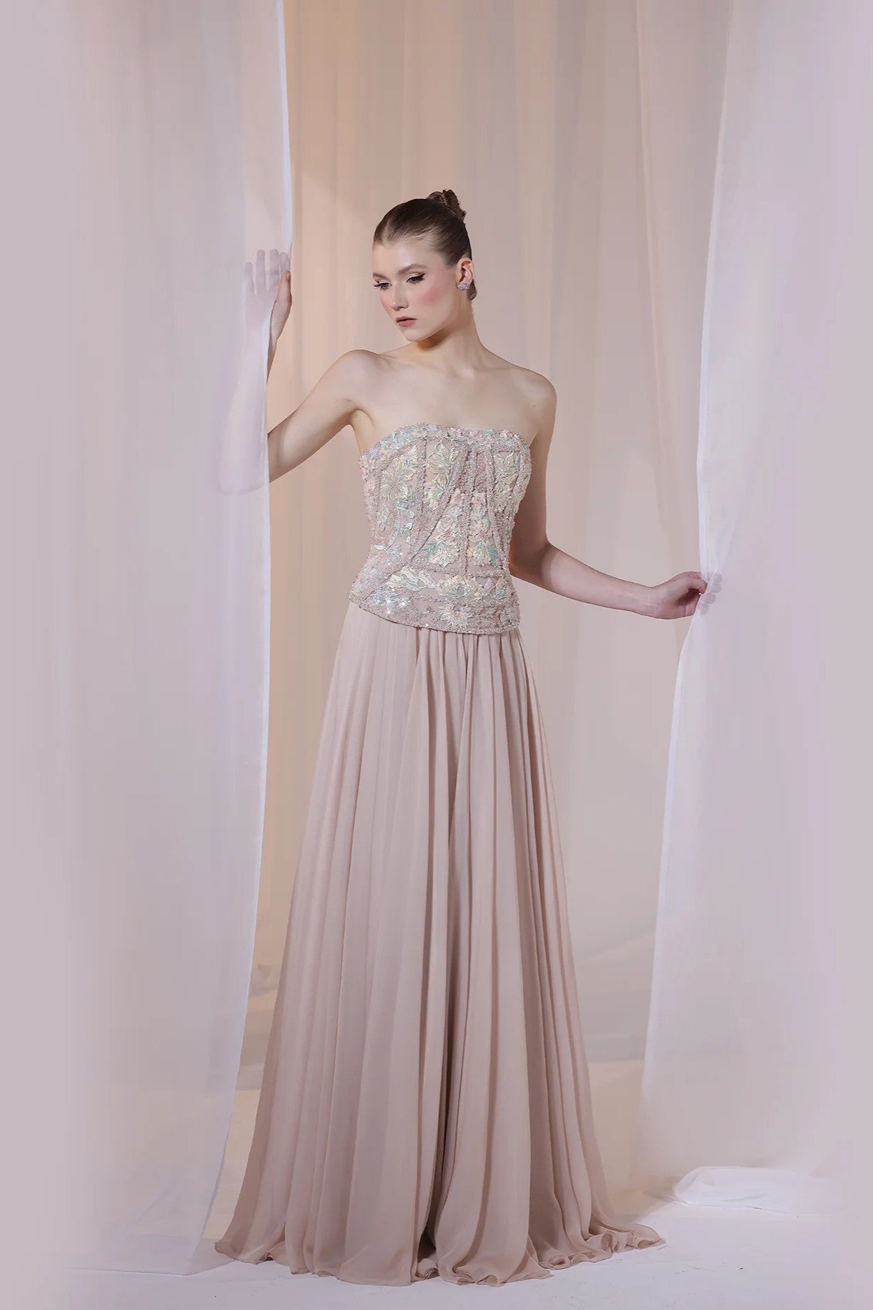 Nude Strapless Floral Embroidered Gown