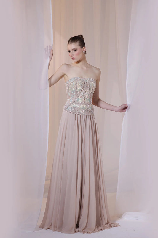Nude Strapless Floral Embroidered Gown