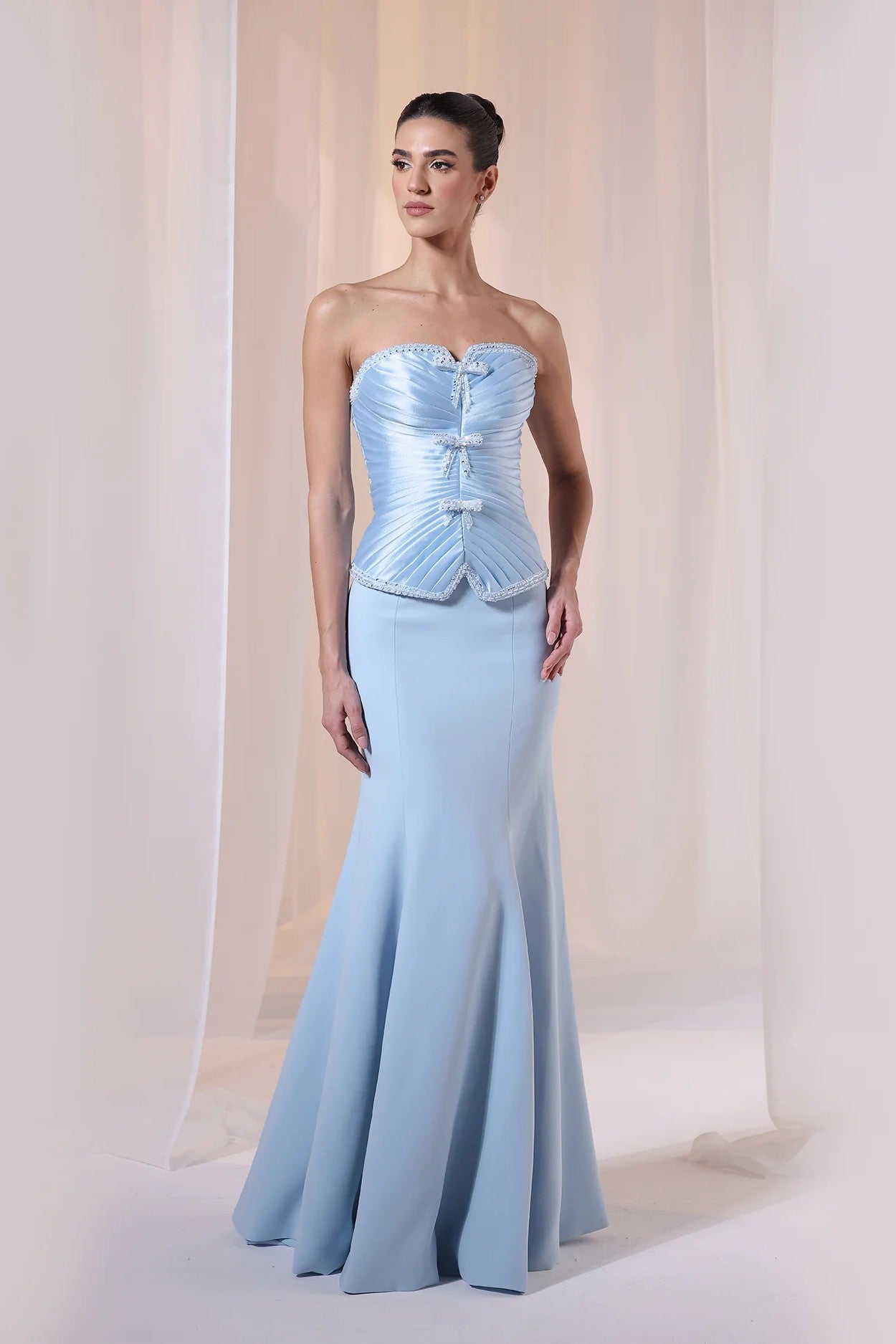 Blue Strapless Bow Mermaid Gown