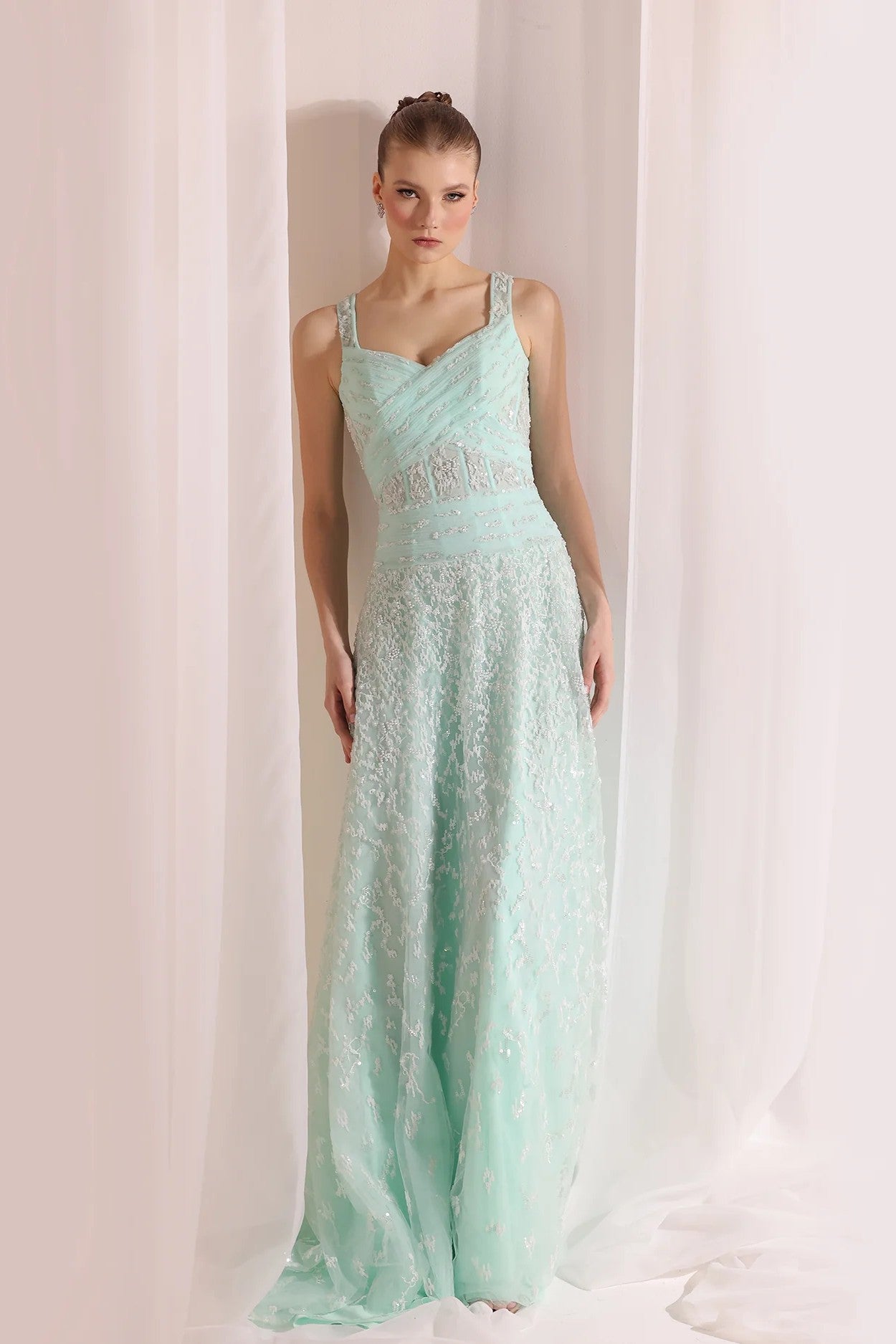 Mint Sleeveless Beaded Gown
