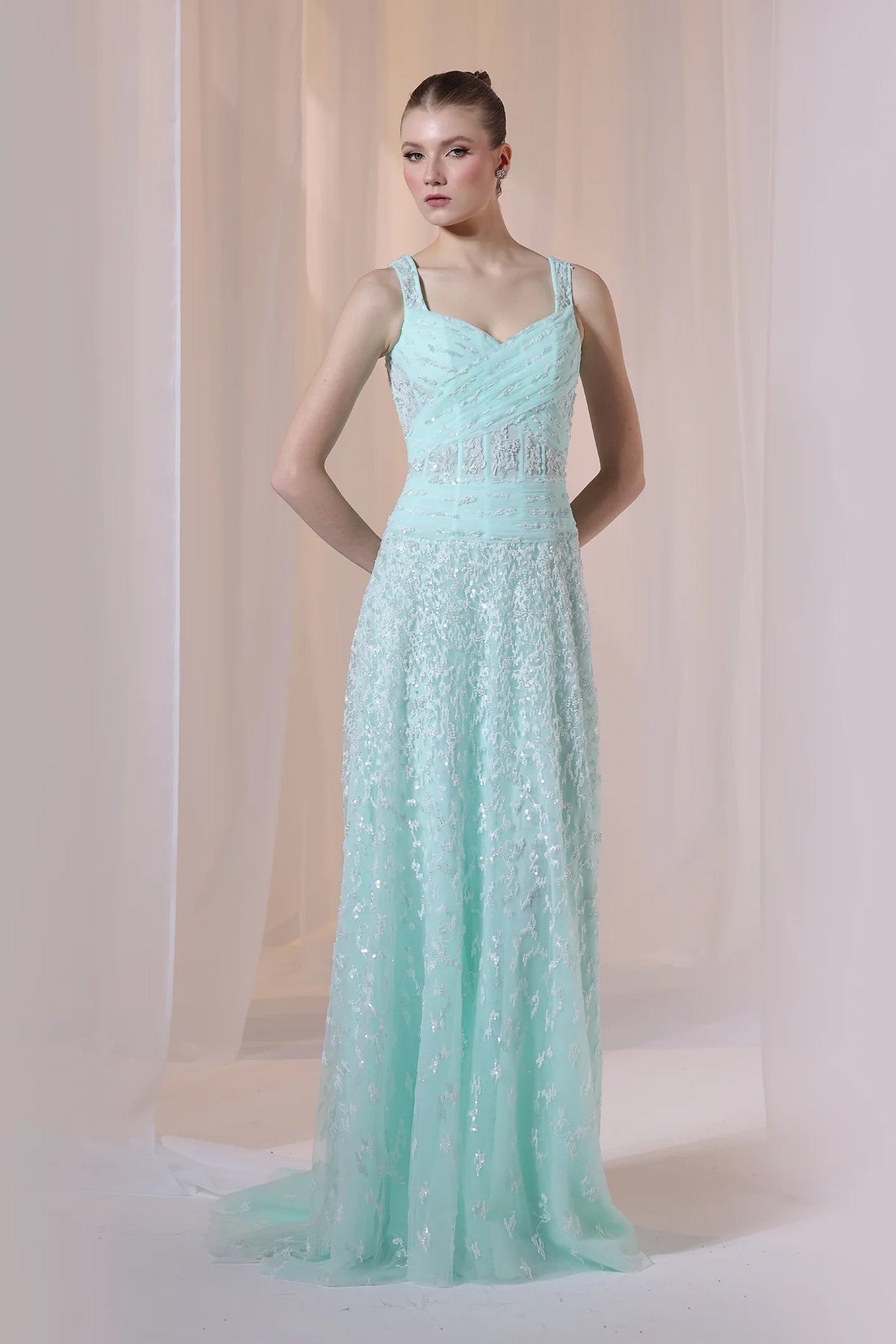Mint Sleeveless Beaded Gown