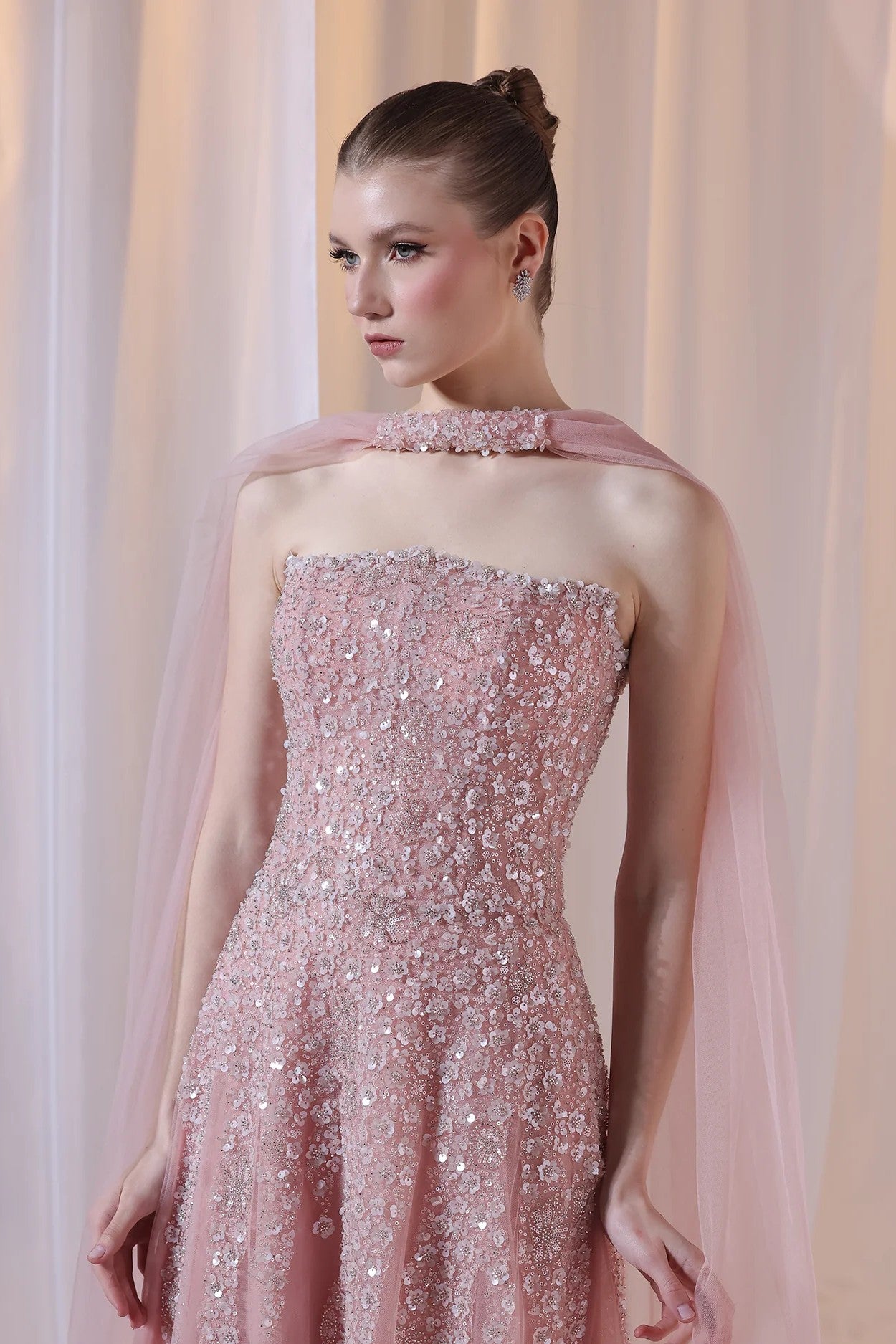 Blush Strapless Floral Beaded Gown