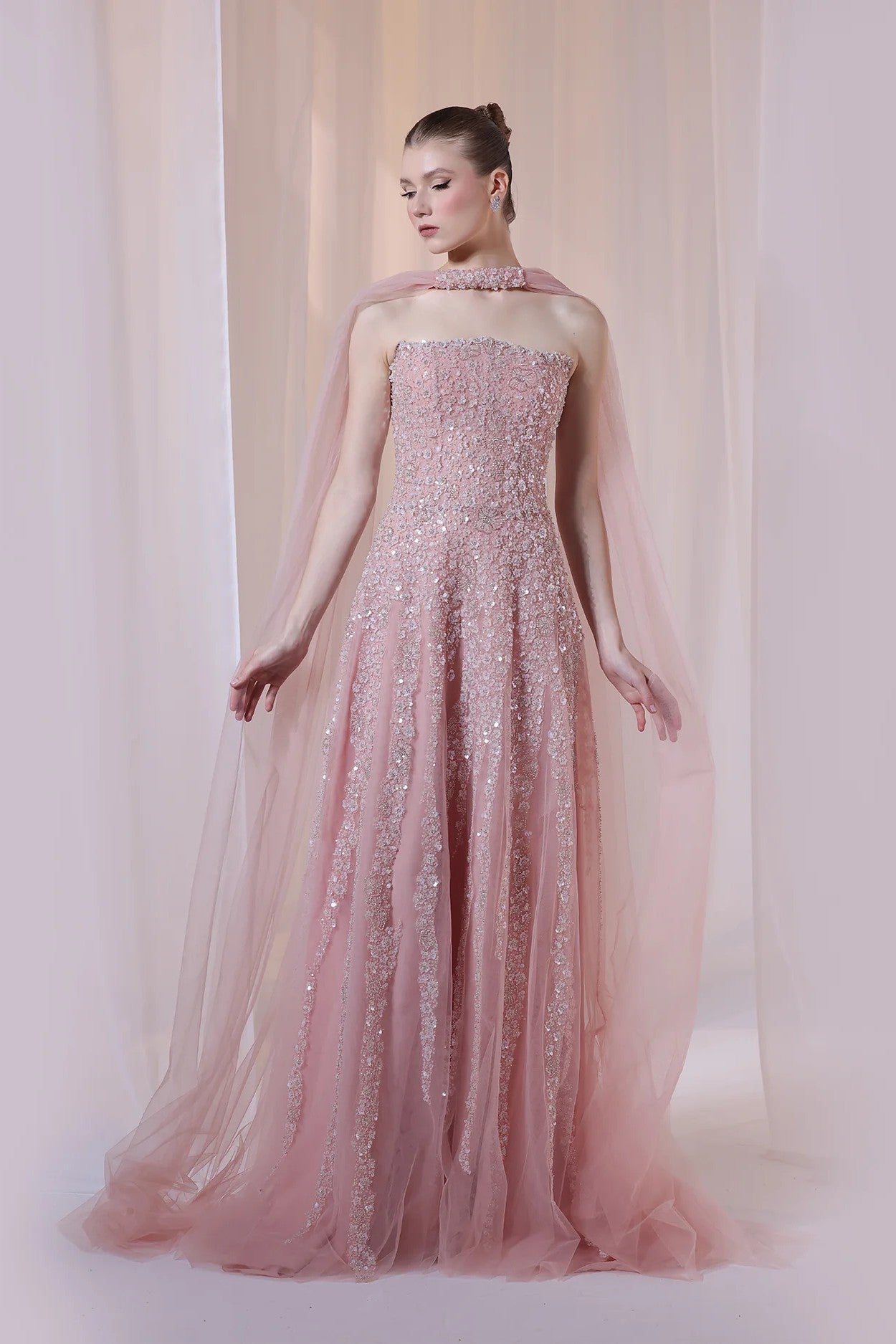 Blush Strapless Floral Beaded Gown