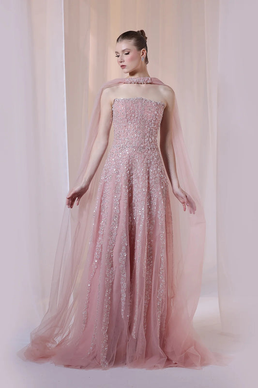 Blush Strapless Floral Beaded Gown