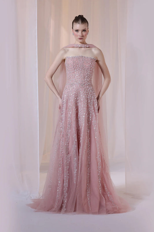 Blush Strapless Floral Beaded Gown