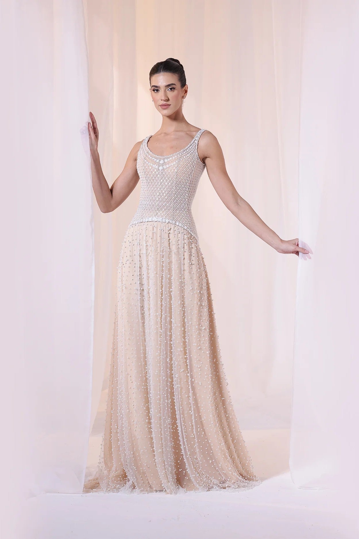Sleeveless Pearl Beaded Gown