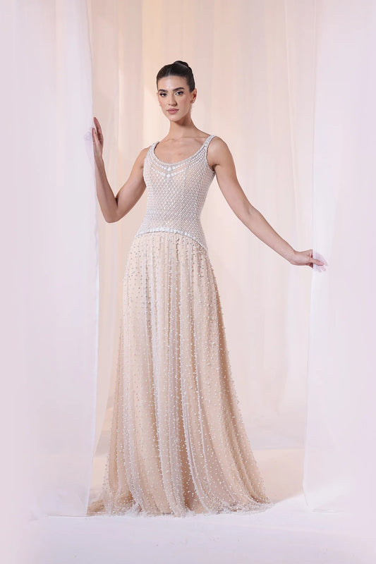 Sleeveless Pearl Beaded Gown