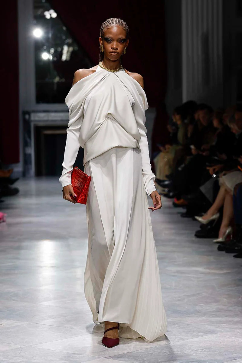 Light Sand Satin and Sheer Crepe Gown