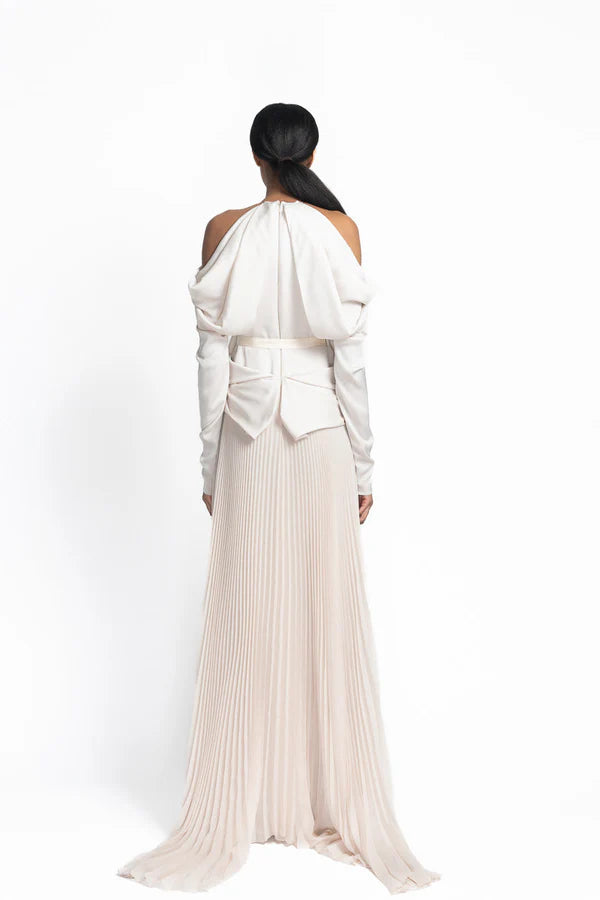 Light Sand Satin and Sheer Crepe Gown