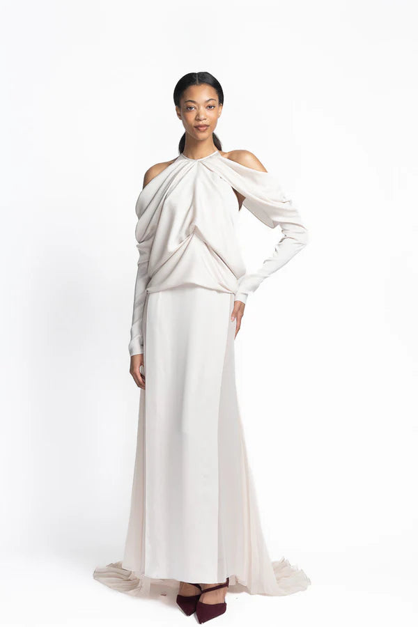 Light Sand Satin and Sheer Crepe Gown