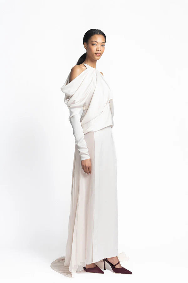 Light Sand Satin and Sheer Crepe Gown