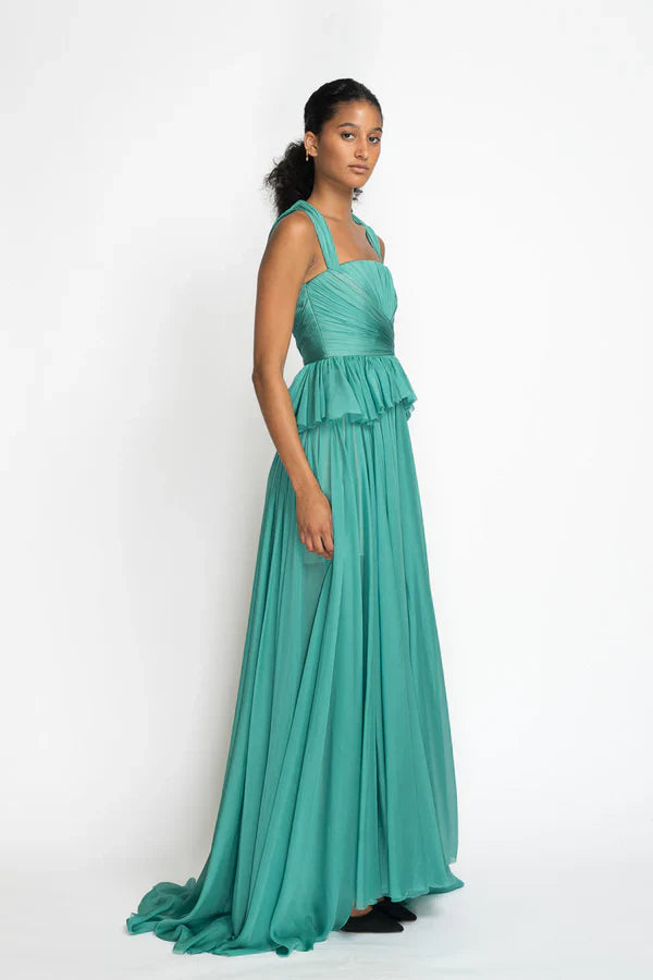 Lagoon Blue Hand Pleated Silk Mousseline Gown