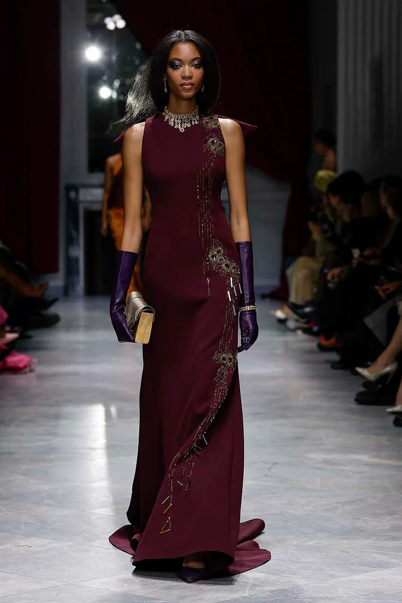 Claret Cady Gown with Wing-Back Detail