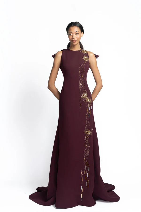 Claret Cady Gown with Wing-Back Detail