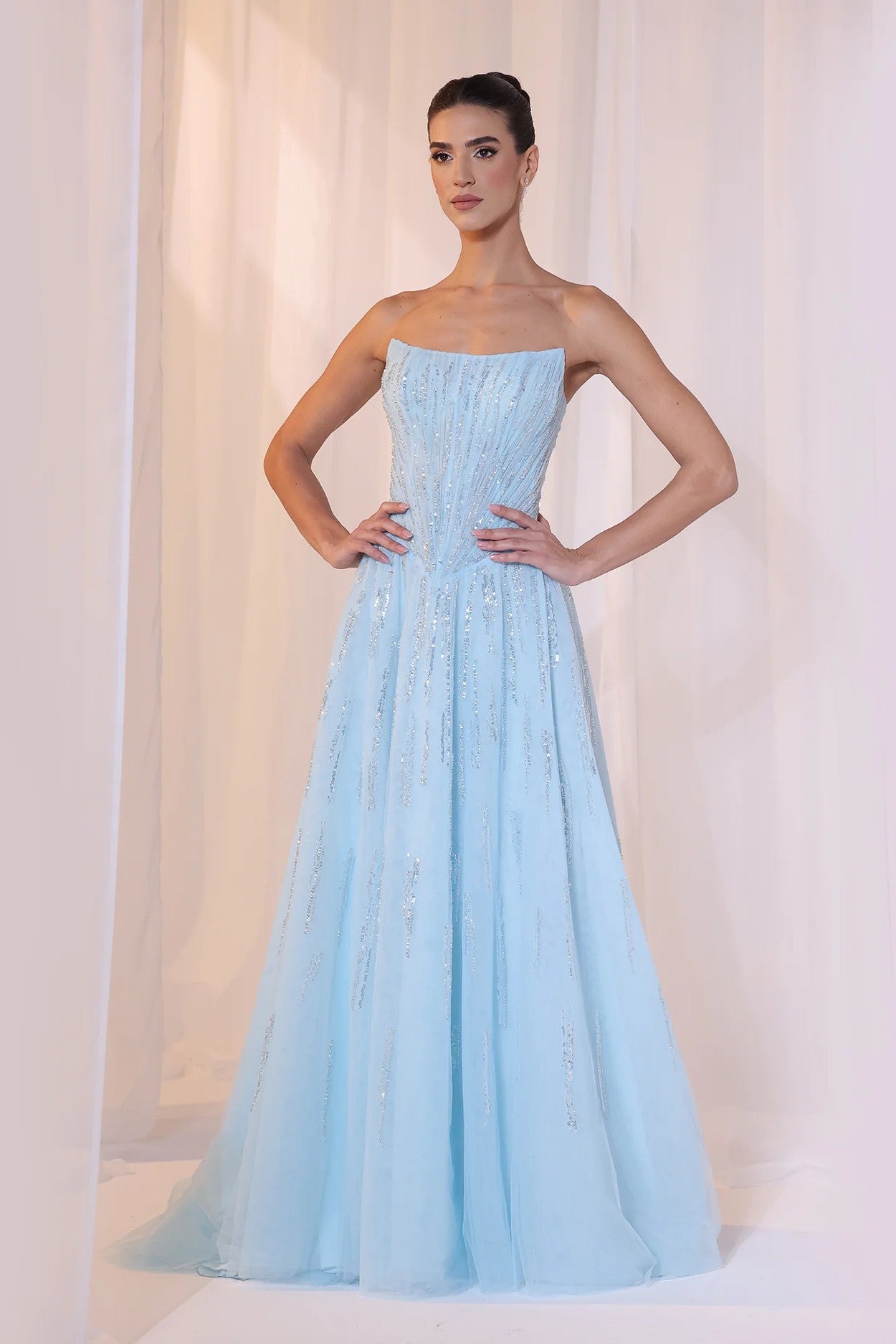Sky Blue Strapless Beaded Gown