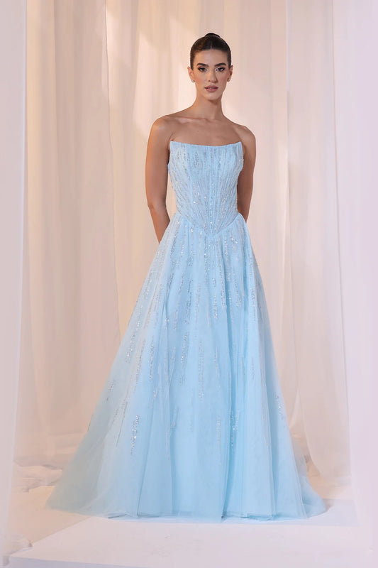 Sky Blue Strapless Beaded Gown