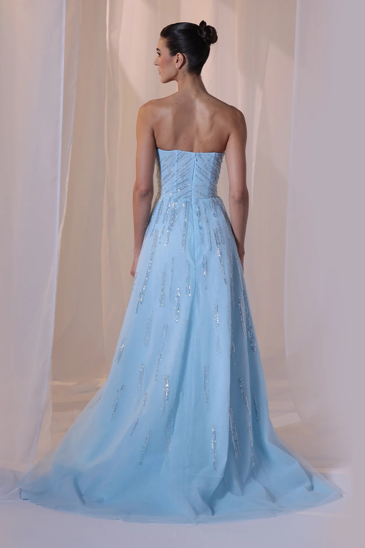 Sky Blue Strapless Beaded Gown