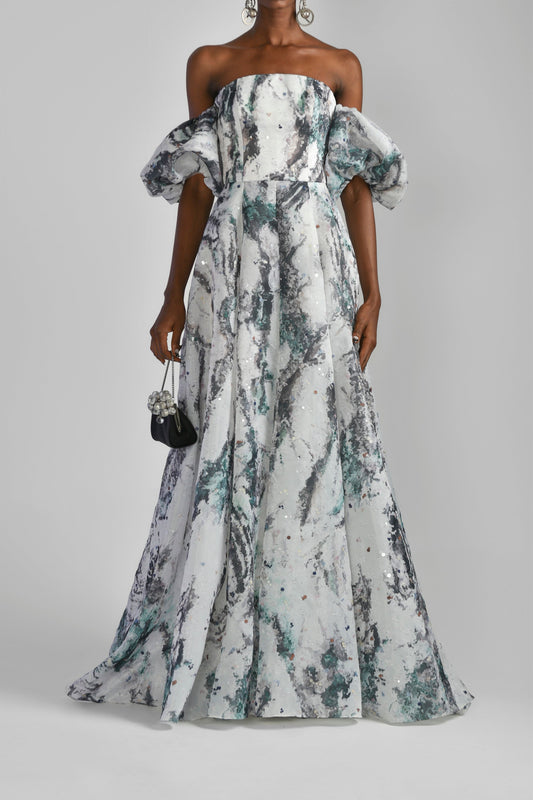Printed Gazar Off Shoulder Gown