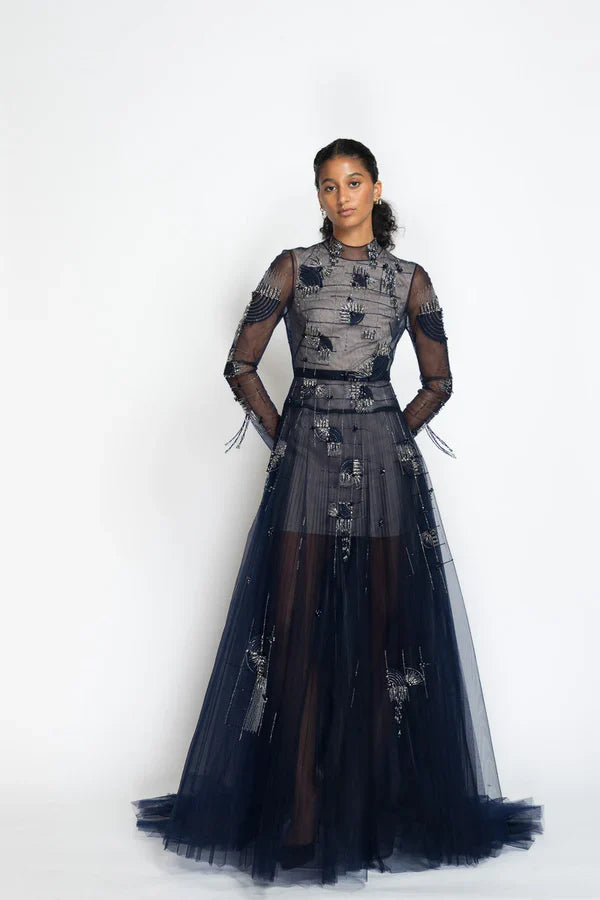 Rice Plume Embroidery Tulle Gown
