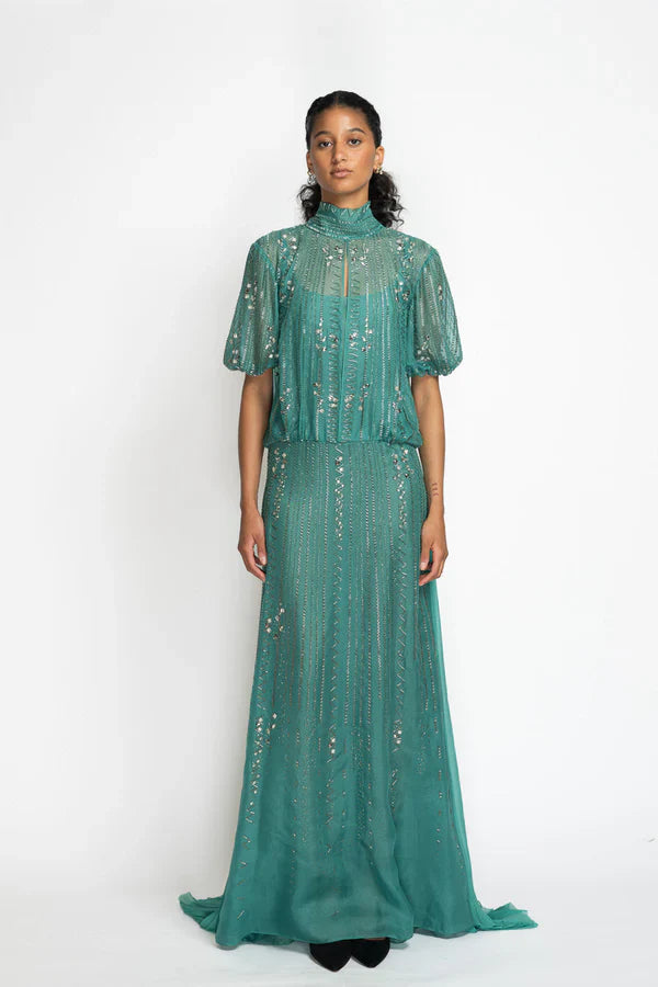 Lagoon Blue Silk Organza Gown