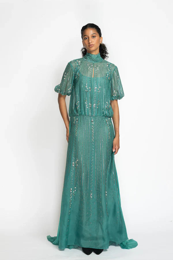 Lagoon Blue Silk Organza Gown