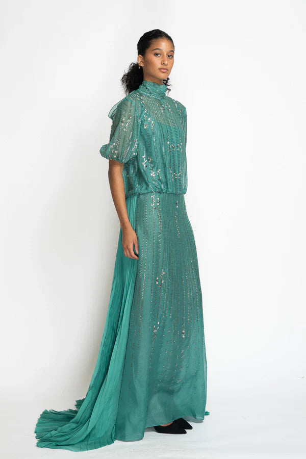 Lagoon Blue Silk Organza Gown