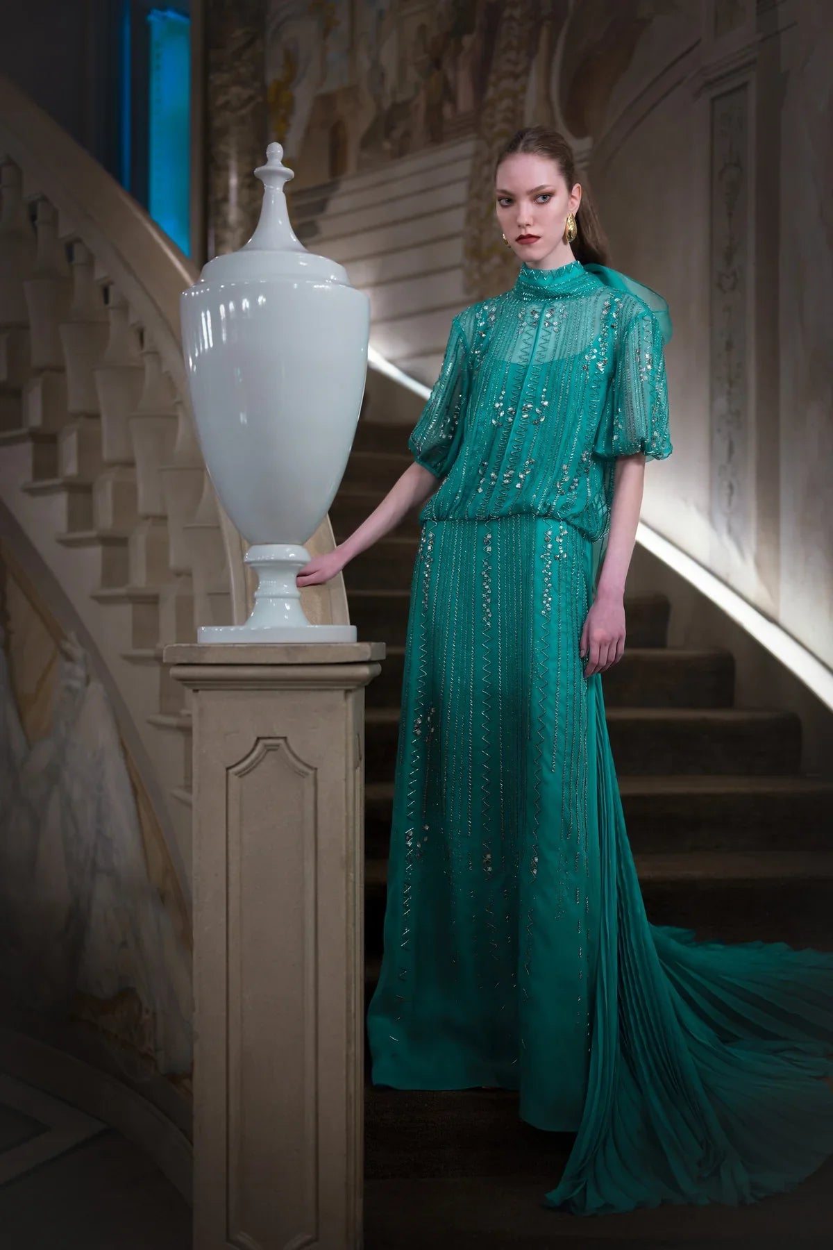Lagoon Blue Silk Organza Gown