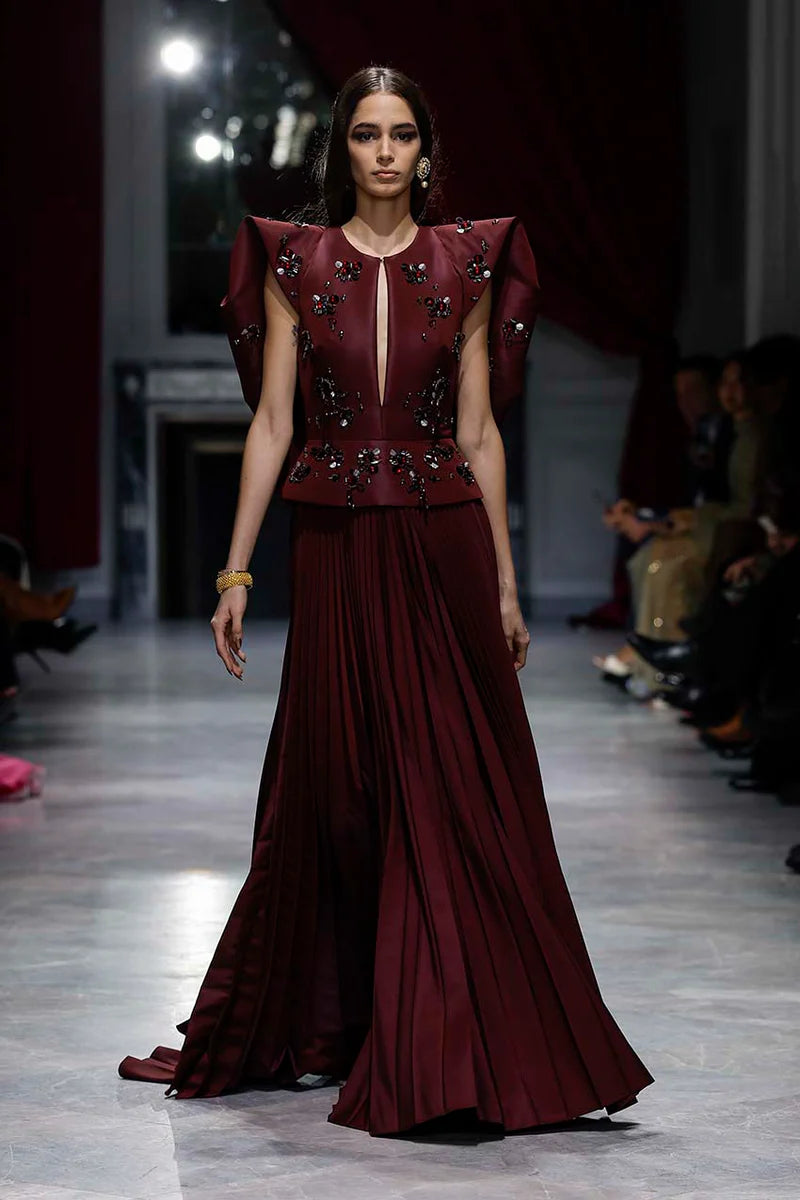 Claret Faille Jugnu Embroidered Gown