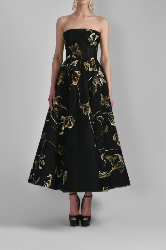 Strapless Embroidered Tea-Length Dress