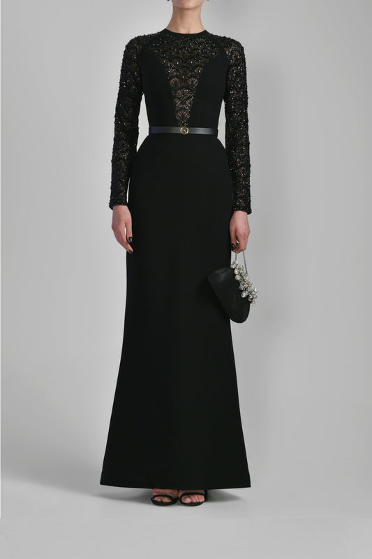 Beaded Canton Crepe Flared Gown