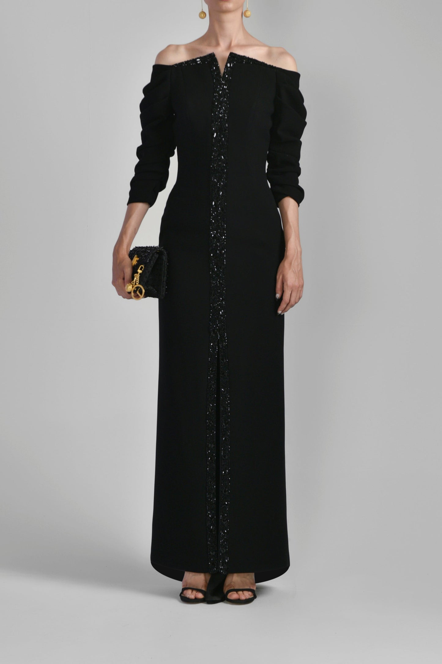 Beaded Crepe Off Shoulder Gown