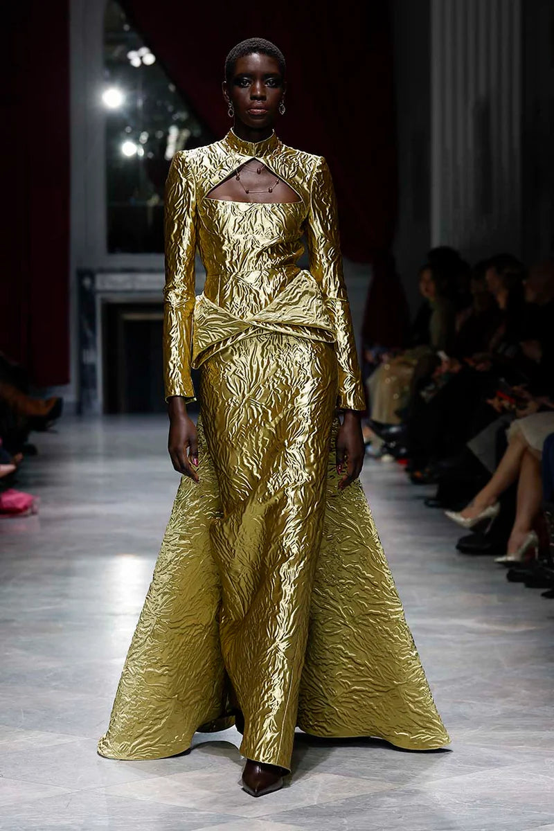 Hema Embossed Gold Jacquard Gown