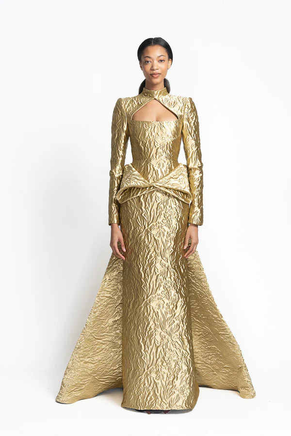 Hema Embossed Gold Jacquard Gown