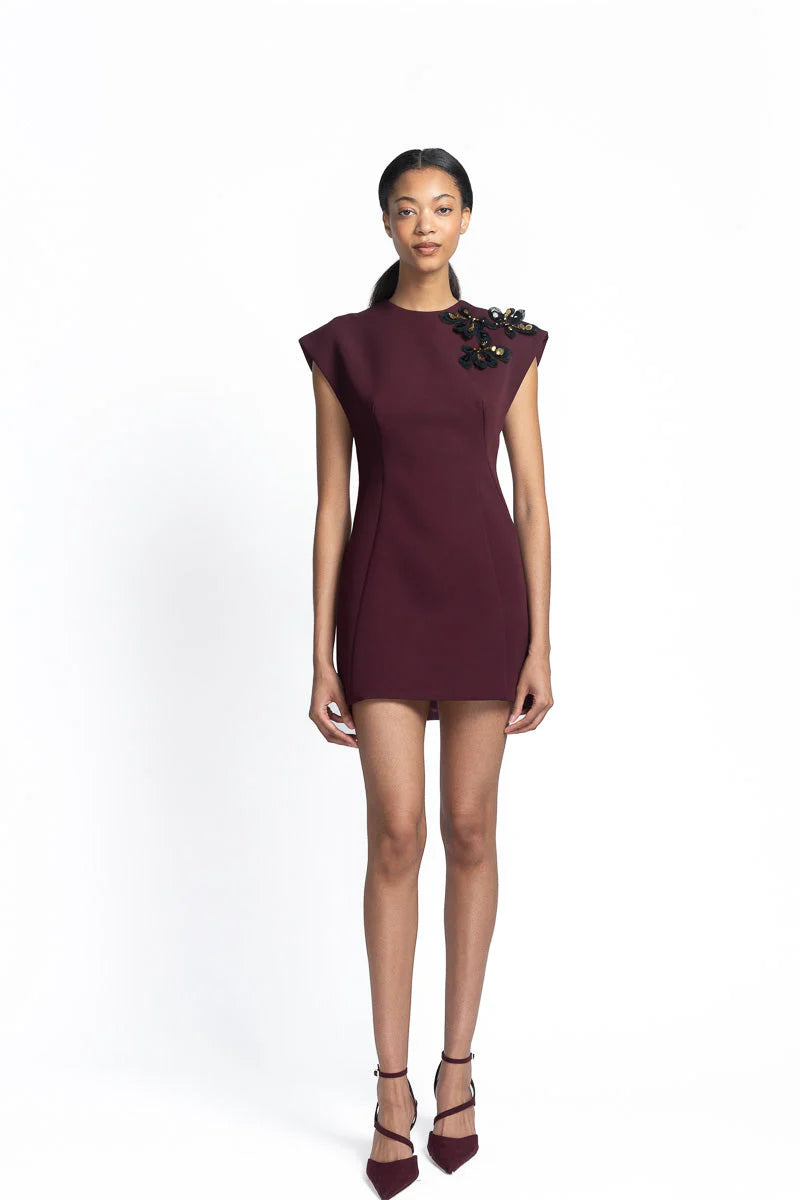 Claret Cady Dress with Lace Applique