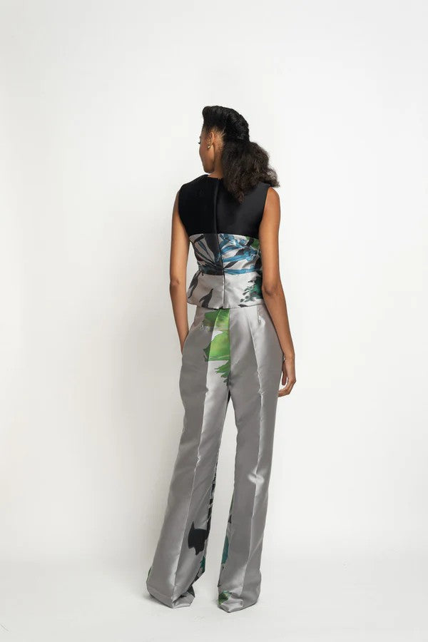 Silver and Green Lata Printed Barathea Top