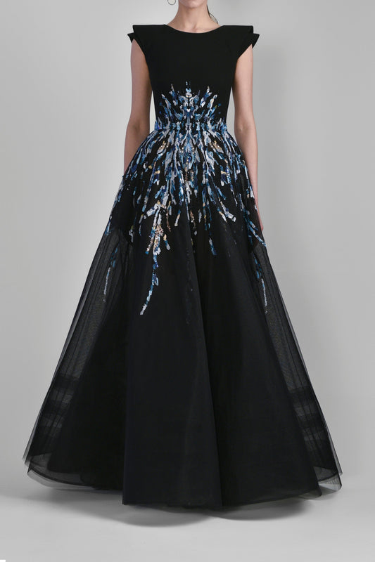 Tulle Beaded Gown with Tiered Shoulders