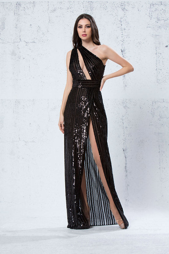 Embellished One Shoulder Slit Gown