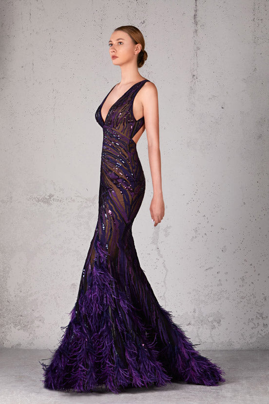 Embellished Fit and Flare Feathered Gown